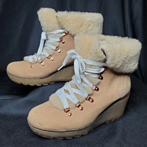 J Crew Nordic Snow Boot Shearling Nubuck Leather Wedge Beige Cleated Women's 10 - Picture 2 of 12